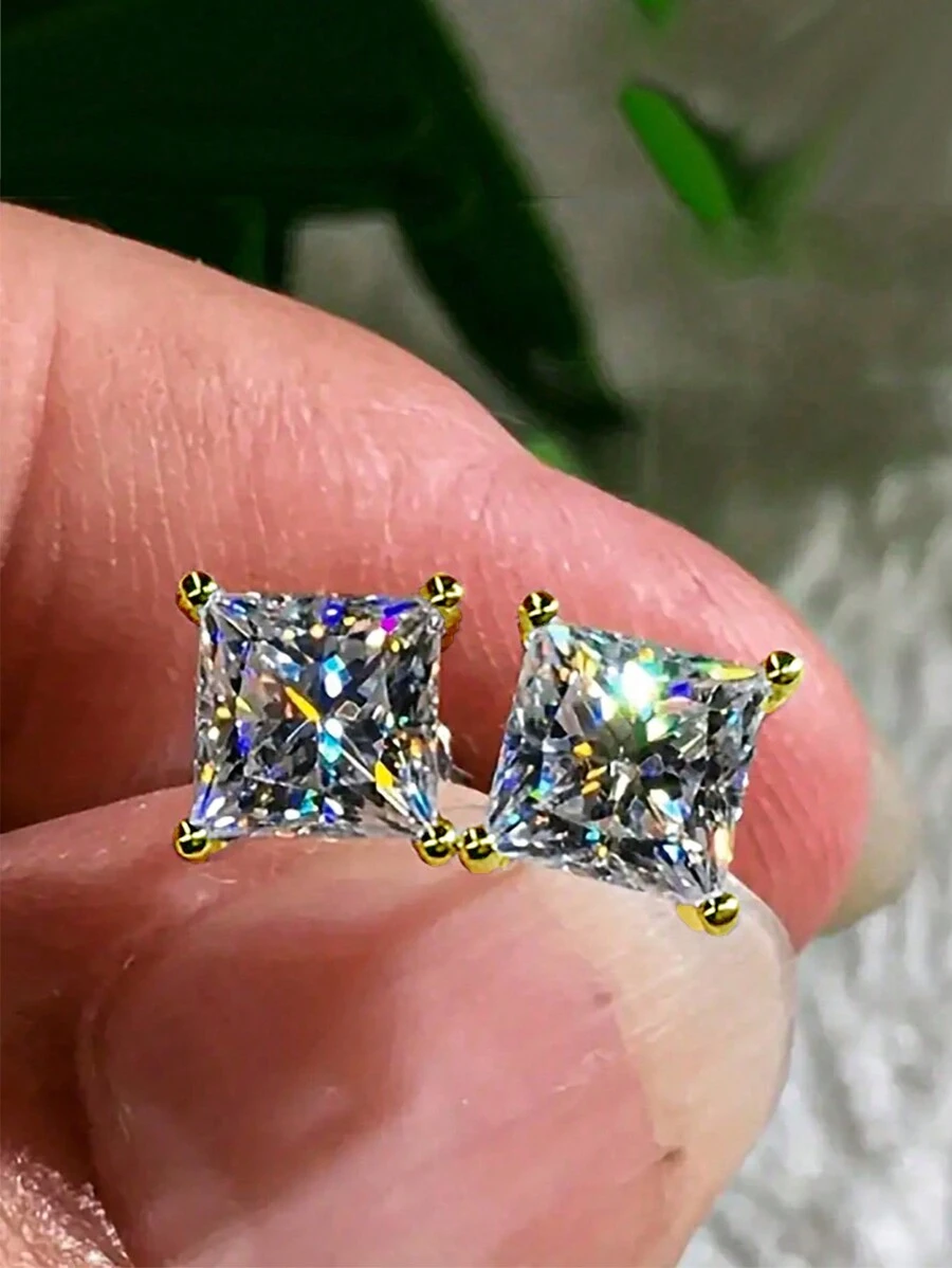 1 Pair Copper Cubic Zirconia (2mm/3mm/4mm/5mm/6mm/7mm/8mm/10mm) Multi-Size Sparkling Cubic Zirconia Square Stud Earrings, Suitable For Party Or Wedding Wear, Fashionable Earrings For Men - Yellow Gold - View 1