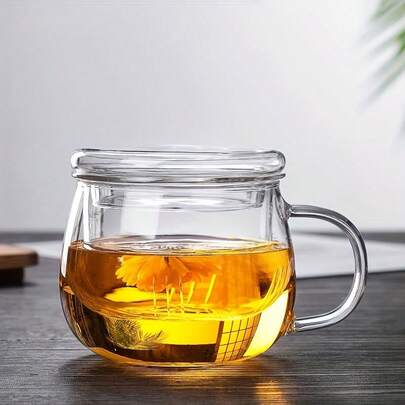 1 Set Taza de té de vidrio con infusor y tapa, 380ml/12,85oz Taza de té de vidrio con filtro para jugo de limón, agua, té, café, jugo, vajilla para todas las estaciones, de vuelta a la escuela