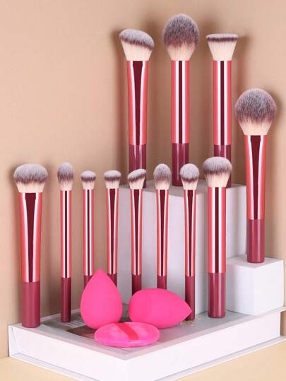 15pcs/13pcs/11pcs/8pcs/6pcs Makeup Brush Set, Includes Powder Brush, Blush Brush, Highlighter Brush, Eyeshadow Brush, Lash Brush, Eyeliner Brush, Angled Makeup Sponge, Round Makeup Sponge, Round Powder Puff, Triangle Powder Puff, Triangle Makeup Sponge For Loose Powder, Makeup Sponge For Liquid Foundation Mixing, Beauty Makeup Tools