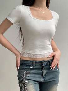 Women's Summer Slim Fit Tops Short Sleeve Square Neck Lace Trim Cropped T-Shirts