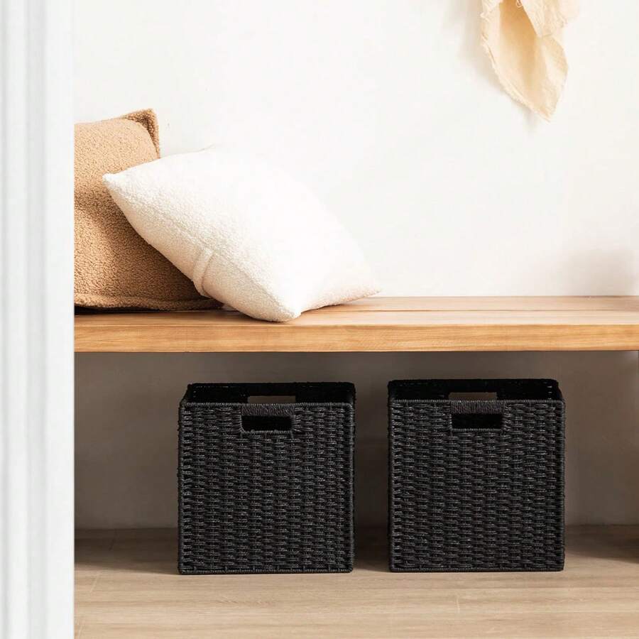 2pcs/1pc Paper Rope Woven Willow Basket, Shelf Storage Basket, Collapsible Storage Box With Handle, For Organization And Decoration, Storage, Makeup Organizer, Organiser, Basket, Organization And Storage, Baskets, Room Organizing Storage, Storage, Storage Box, Bin, Hamper Gift Box, Basket For Gift, Hanging Cabinet, Home Decor Pink, Kitchen Accessories - Black - View 1