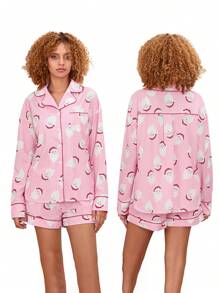 Women's 2 Piece Lounge Set Long Sleeve Santa Claus Print Shirt Shorts Sleepwear Sets