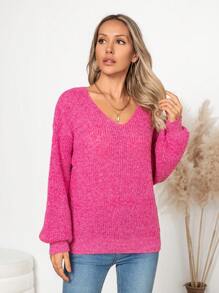 Women's Simple Casual Solid Color V-Neck Long Sleeve Pullover Sweater - Pink - View 3
