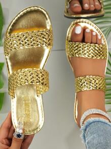 2026新款夏季编织平底拖鞋，休闲轻便夏季沙滩鞋，适合度假和日常穿着，一脚蹬凉鞋