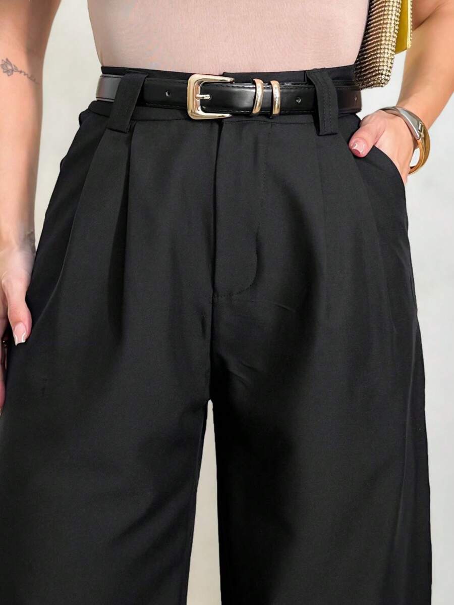 U.SEE Women's Tailored Wide Leg Pants With Belt - 黑色 - 查看 1