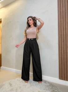 U.SEE Women's Tailored Wide Leg Pants With Belt - 黑色 - 查看 3