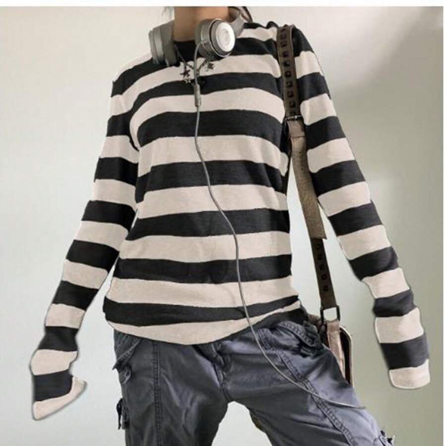 Women Knit Basic Shirt Autumn Casual Grey Black Striped Long Sleeve Round Neck Tops Club Streetwear - màu đen - Xem 1