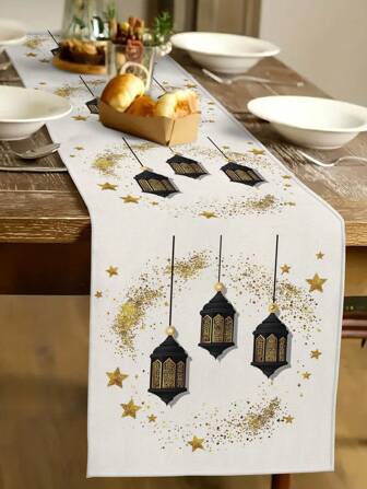 1 件黑色和金色灯笼设计桌旗，主题家居装饰桌旗，装饰，室内/户外派对用品，房间装饰。适用于家庭厨房装饰和派对装饰