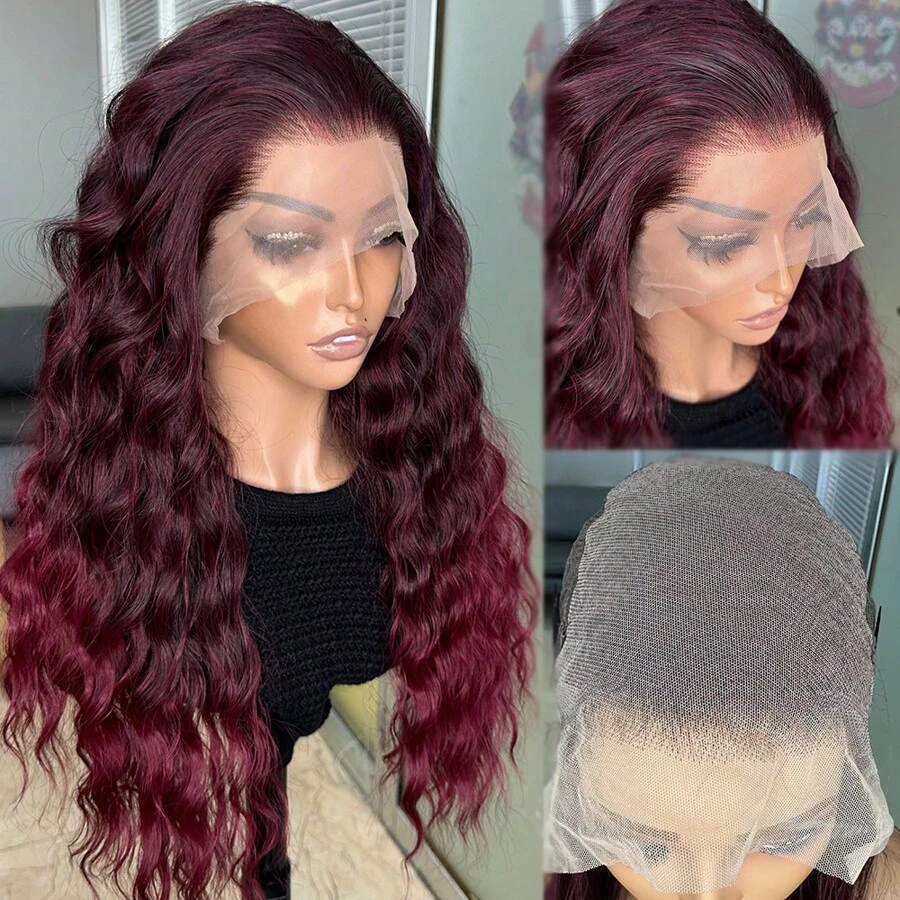 1B Burgandy Ombre 13x6 Tóc giả ren tổng hợp phía trước cho phụ nữ 22 inch sóng dài không keo Kanekalon Tóc giả tổng hợp chống tóc Phần miễn phí 150% Mật độ cho thời trang Phụ nữ Cô gái Tiệc tùng Kỳ nghỉ Trang điểm Sử dụng Hàng ngày