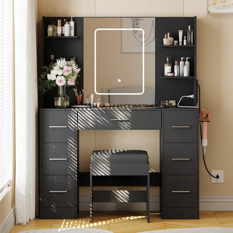 GOCAPTAIN Vanity Desk With Mirror, Led Lights And Power Outlet, Makeup Vanity Table With Chair, 3 Color Lights & Brightness Adjustable, Hair Dryer Rack, 7 Drawers, Dressing Table For Bedroom, White - 黑色 - 查看 1