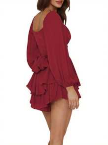 Women Puff Long Sleeve Romper Off Shoulder Ruffle Flowy Short Jumpsuit Layered Pirate Dress With Shorts Playsuit - Burgundy - View 2