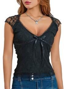 Ladies Midriff-baring Tops, Summer Autumn Women Leisure Style Lace Mesh Splicing V-neck Tie Up Sleeveless Slim T-shirt - Negro - Ver 2
