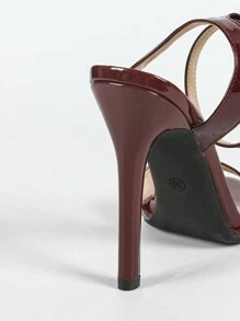 Jin Bei Qi 女士圆头漆皮交叉踝带细高跟凉鞋，酒红色时尚派对高跟鞋