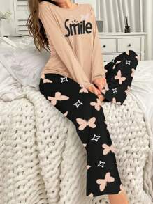2 件女士睡衣套装，包括长裤和字母印花上衣，适合秋冬季使用