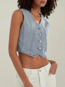 Women's Button-Up Denim Vests V-Neck Sleeveless Jean Waistcoat Crop Jacket Streetwear - Blue - View 3