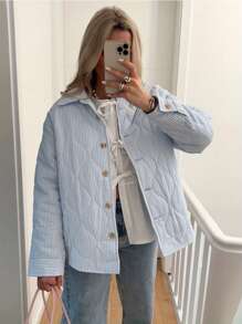 Women's Puffer Jacket Stripe Turn-Down Collar Buttons Quilted Coat Fall Winter Long Sleeve Padded Jacket Outerwear