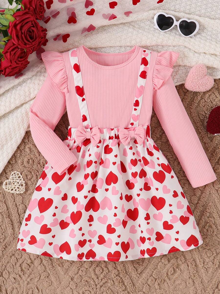 年轻女孩情人节心形印花荷叶边蝴蝶结装饰连衣裙 - 粉色 - 查看 1