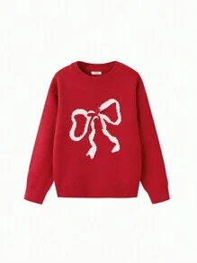 Balabala Tween Girl 2025 New Year Bow Jacquard Round Neck Drop Shoulder Long Sleeve Casual Sweater - Red and White - View 7