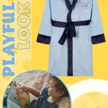Bluey Fleece Dressing Gown Hood Tie Waist Cosy Robe - Blue - View 4