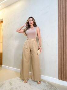 U.SEE Women's Tailored Wide Leg Pants With Belt - Beige - View 3