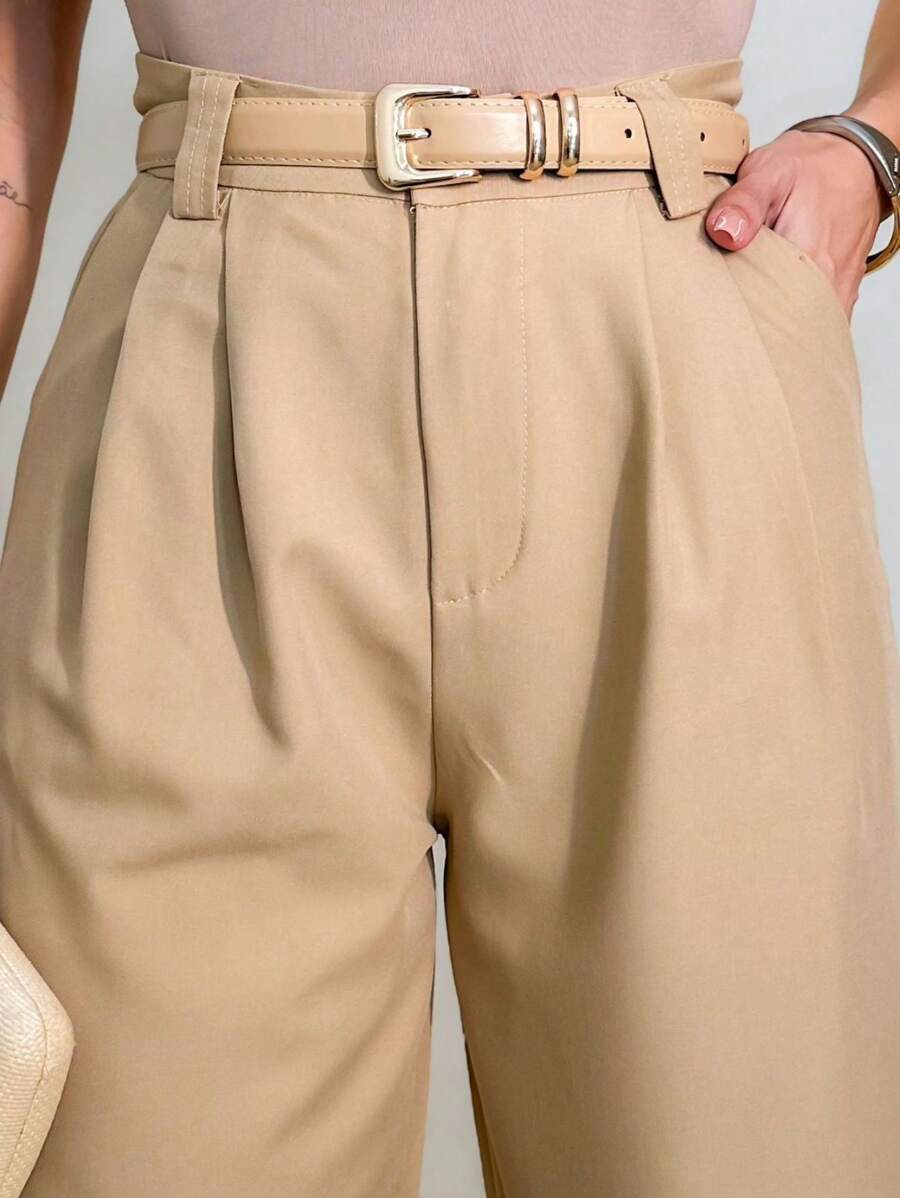 U.SEE Women's Tailored Wide Leg Pants With Belt - Beige - View 1