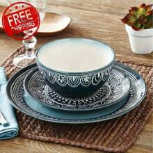 12-Piece Dinnerware Set Dishes Dinner Teal Medallion Plates Bowls Kitchen NEW - 1 - View 2