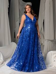 Faeriesty 女士曲线 V 领 A 字加大码正式晚礼服，优雅迷人的设计，精致的图案，迷人的高腰和及地长裙，适合婚礼、庆典活动、颁奖典礼、慈善舞会和公司活动