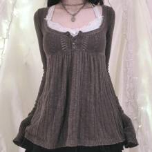 Women Y2k Knitted Tops Vintage Solid Color Long Sleeve Button Square Neck Tunic Blouse Sweaters - Brown - View 1