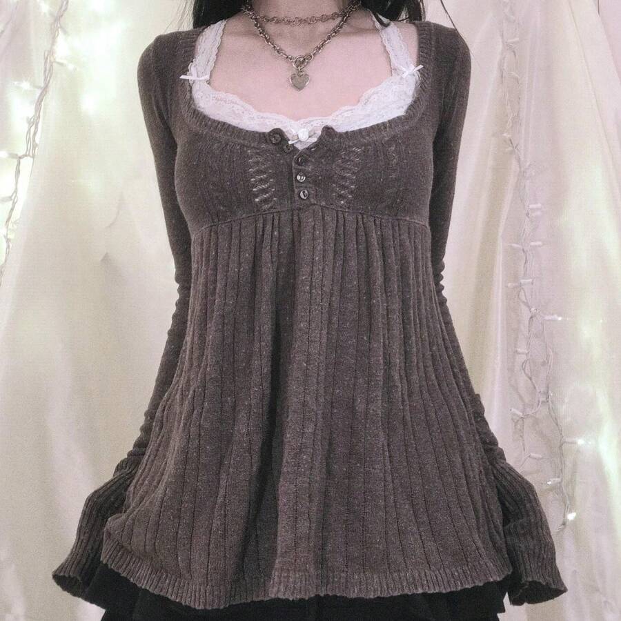Women Y2k Knitted Tops Vintage Solid Color Long Sleeve Button Square Neck Tunic Blouse Sweaters - Brown - View 1