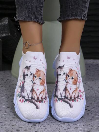 كعب منخفض من نسيج ممتص للصدمات وغير زلقة, أحذية رياضية كاجوال سهلة التنفس مناسبة للاستخدام الخارجي، منمقة برسومات القطط الجديدة والعابرة للحدود، مريحة