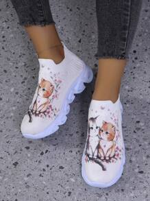 女士跨境新款猫咪印花休闲运动鞋透气舒适防滑减震针织圆头低跟适合户外