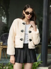Round Neck Spring Buckle Fleece Jacket For Women Autumn And Winter Fashionable Warm Plush Jacket - Beige - View 11