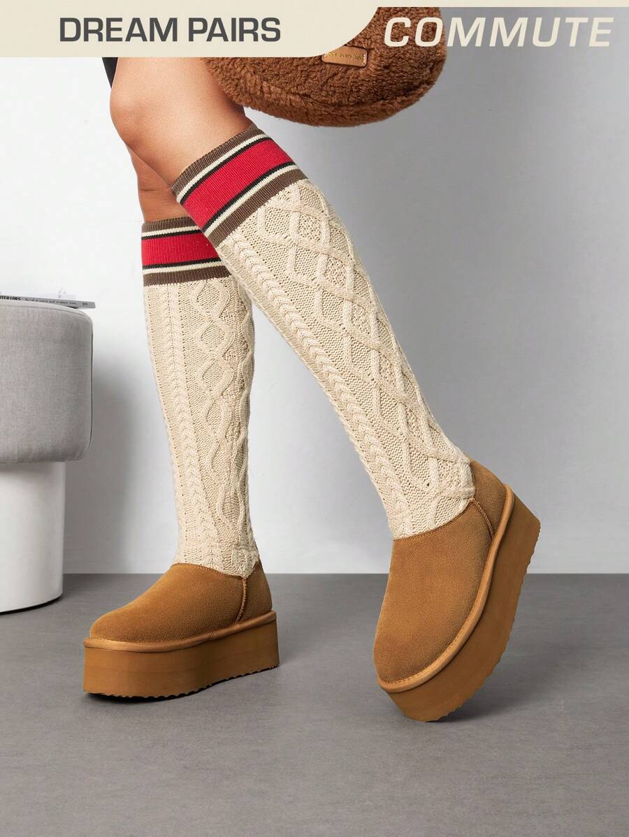 Women's Platform Knee-High Snow Boots Knitted Shaft Warm Fashion Outdoor Indoor Winter Christmas Holiday Festival Brown Black Boots