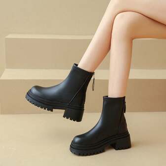 Women's Winter New Casual Back Zip Short Boots, Solid Color Simple Round Toe Thick Sole Booties