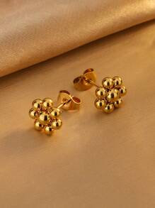 1 Set Minimalist Stainless Steel Sunflower Pendant Necklace, Earrings, And Ring With Multiple Small Metal Beads, Fashionable Business Style Suitable For Women To Wear To Banquets Or Commute Daily, Also A Great Gift For Her Valentines - Yellow Gold - View 3