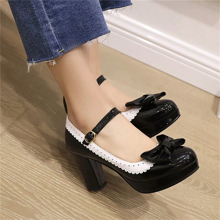 Mary Jane Shoes For Women Bow Lolita Shoes Kawaii Platform High Heels Dress Pumps Valentines - 黑色 - 查看 1