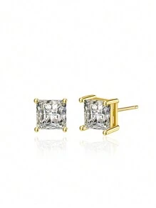 1 Pair Copper Cubic Zirconia (2mm/3mm/4mm/5mm/6mm/7mm/8mm/10mm) Multi-Size Sparkling Cubic Zirconia Square Stud Earrings, Suitable For Party Or Wedding Wear, Fashionable Earrings For Men - Yellow Gold - View 5