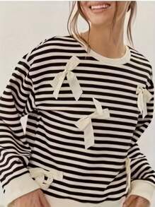 Fashion Bow Striped Top Hoodie - Black -S - 黑色 - 查看 4