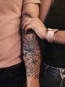 1pc Herbal Juice Semi-Permanent Gothic Skull & Flower Pattern Temporary Tattoo, 7-14 Days Waterproof, Suitable For Daily, Party, Holiday Gift, Large Size For Arm, Chest, Back - Blue - View 3