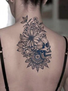 1pc Herbal Juice Semi-Permanent Gothic Skull & Flower Pattern Temporary Tattoo, 7-14 Days Waterproof, Suitable For Daily, Party, Holiday Gift, Large Size For Arm, Chest, Back - Blue - View 2