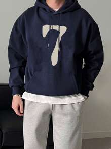 Men's Casual Number "7" Print Pocket Drawstring Hoodie, Autumn/Winter - Navy Blue - View 3