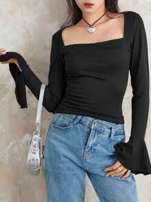 Women's Fall Elegant Slim Tops Solid Color Flare Long Sleeve Square-Neck Shirt Clubwear