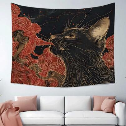 1 Pc Asian Ukiyo Art Japanese Cat Swallowing Clouds Wave Fabric Fun Tapestry Wall Hanging With Accessories, Home Dormitory Bedroom Wall Decor
