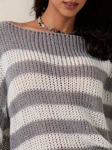 Women Fall Vintage Striped Sweater Long Sleeve Chunky Knit Pullover Tops Y2k Oversized Jumper For Teen Girls - 淺灰色 - 查看 8
