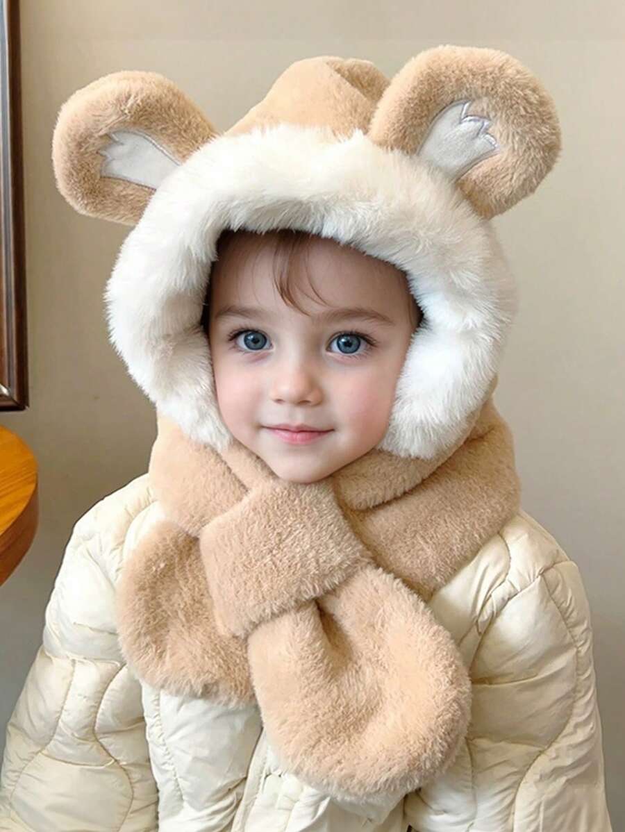 1pc Children Cute Bear Ear Thick Fleece Earwarmer Hat Neck Warmer All-In-One Winter Set - Bear Ears - View 1