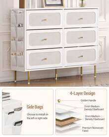 Chest Of Drawers, Cabinet With 6 Fabric Drawers, Multifunctional Sideboard With Fabric Bag, Metal Frame, 30 X 110 X 85 Cm, For Living Room And Bedroom, Morden, White-Gold - 白色 - 查看 7