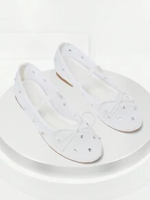 Womens Fashionable Mesh Ballet Flats Rhinestone Decoration Round Toe Bow Tie Slip On Mary Jane Shoe Dressy Spring Summer Casual Ballerina Shoes - trắng - Xem 3