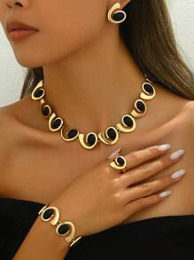 4Pcs Women Jewelry Set, Featuring Asymmetrical Spiral Shapes Embedded With Black Rhinestones, Classic Necklace, Bracelet, Earrings And Ring Combo. Versatile For Daily, Party And Occasion Wear. Suitable As Gift For Loved Ones And Friends.