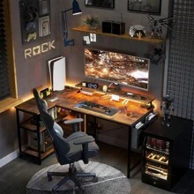 Escritorio Para Ordenador Con Enchufe Led En Forma De L - Negro - Ver 8