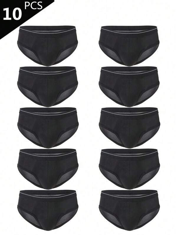 10pcs Men's Fashionable Soft & Comfortable Mid-Waist Solid Color Sports Briefs